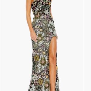 Floral Sequin One-Shoulder Gown with High Slit in Multi-Color